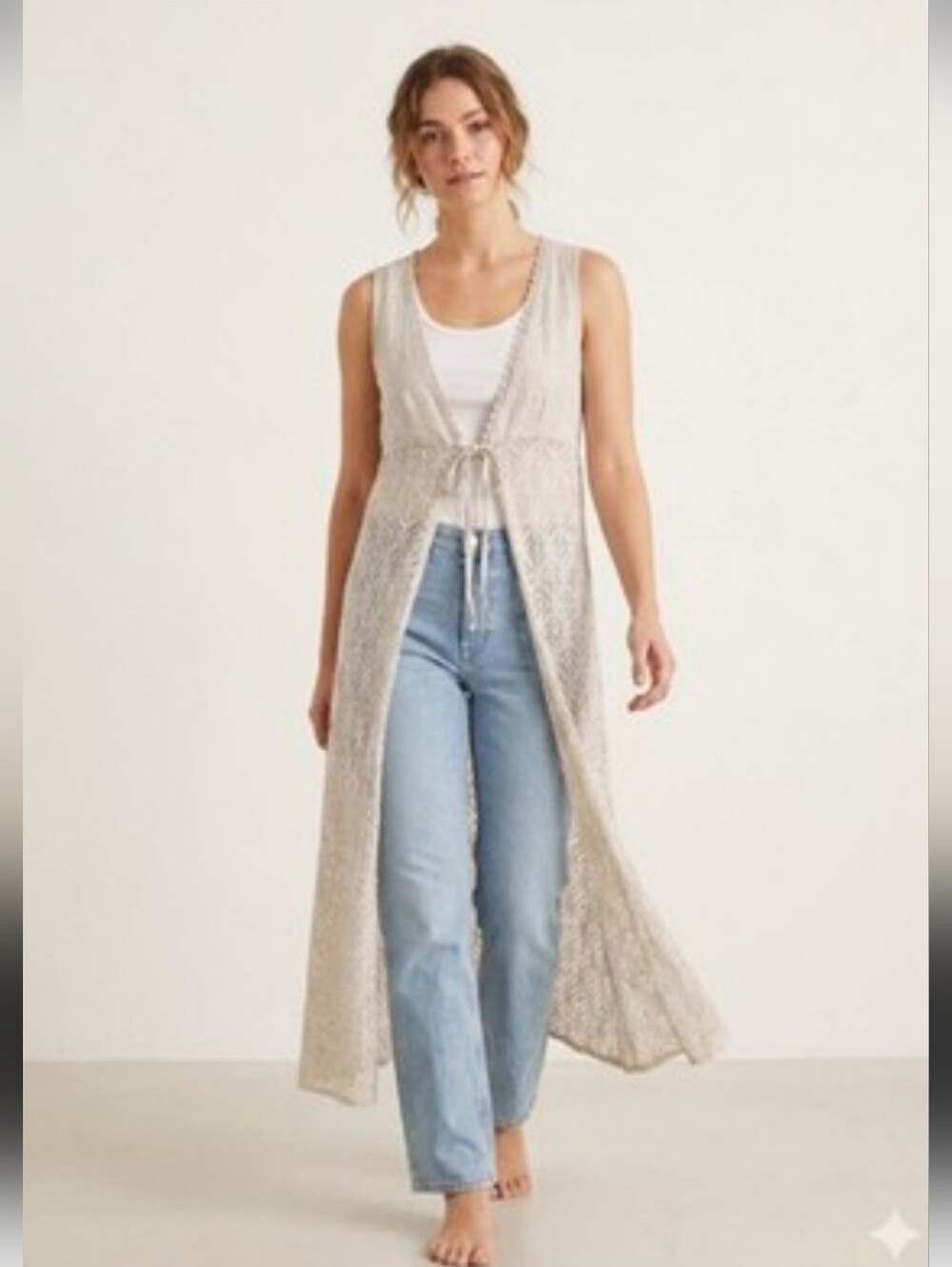 Valentina Naldi 100% Linen Sleeveless Long-line Vest with Tie-Waist Ivory Medium